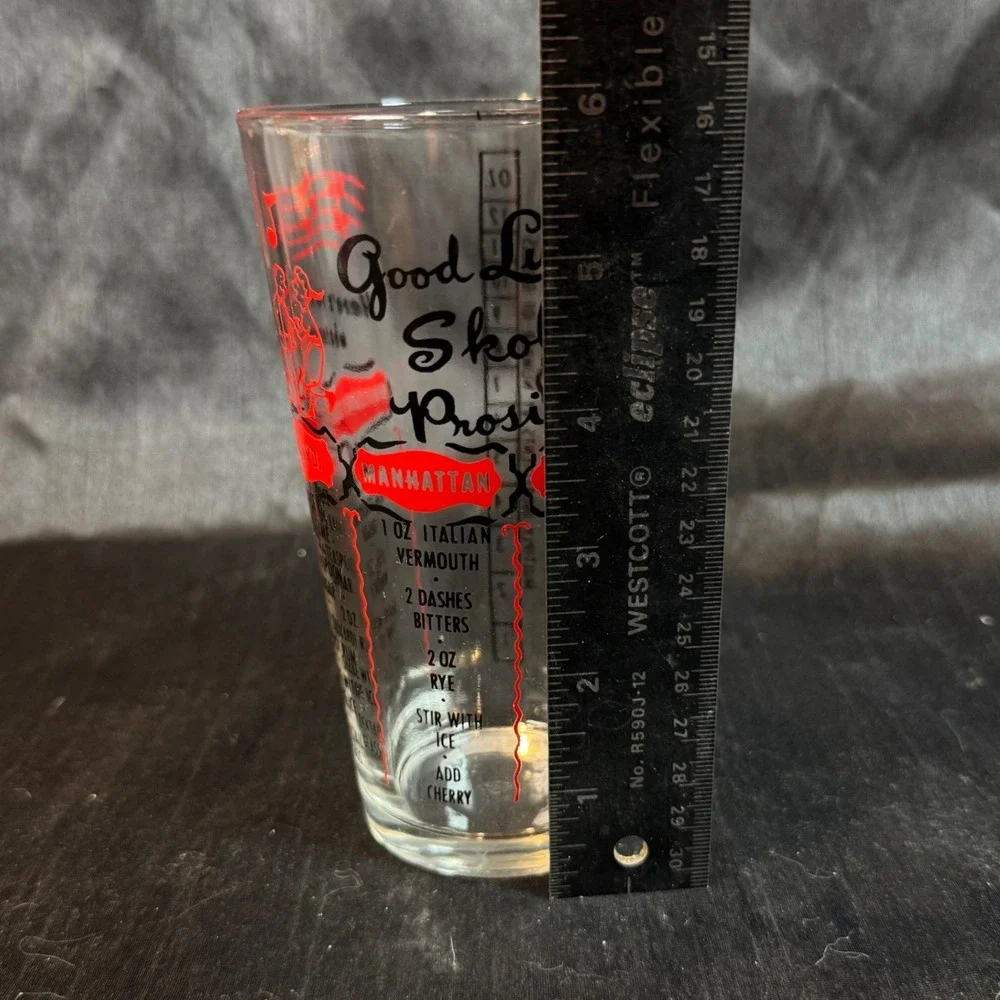 Vintage Federal Glass Cocktail Recipe Mixing Glass Red Black Mid Century 12oz